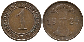 ГЕРМАНИЯ 1 РЕЙХСПФЕННИГ 1925 E KM 37, J. 313 бронза 39-865