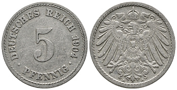 ГЕРМАНИЯ 5 ПФЕННИГОВ 1904 A KM 11, J. 12 медно-никель 39-811