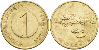 Словения 1 толар 1992 рыбы KM 4 никель латунь 4551-753