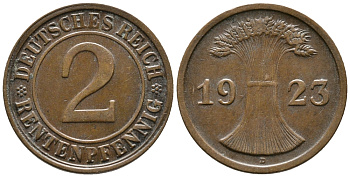 ГЕРМАНИЯ 2 РЕНТЕНПФЕННИГА 1923 D KM 31, J. 307 бронза 24-422