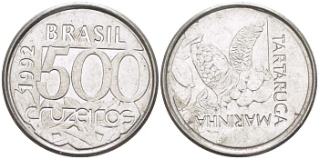 Бразилия 500 крузейро 1992 морская черепаха KM 624 нержавеющая сталь 4396-433