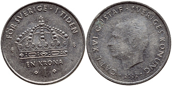 Швеция 1 крона 2002 Карл XVI Густав (1973- ) KM 894 медно-никель 4364-1424