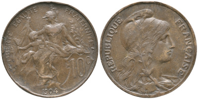 ФРАНЦИЯ 10 САНТИМОВ 1904 ТИП ДАНИЭЛЬ ДЮПЮИ KM 843, LA FRANC 136.14 бронза 83-212