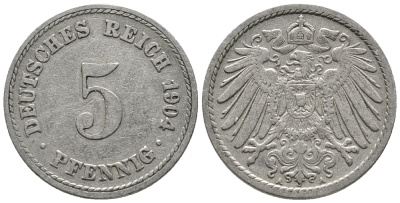 ГЕРМАНИЯ 5 ПФЕННИГОВ 1904 A KM 11, J. 12 медно-никель 39-811