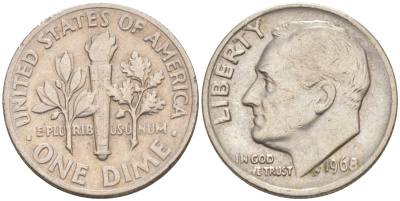 США 10 ЦЕНТОВ = 1 ДАЙМ 1968 РУЗВЕЛЬТ KM 195a медь плакированная медно-никелем 187-1045