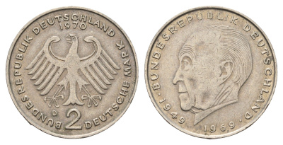 ФРГ 2 марки 1970 D, Конрад Аденауэр KM 124, J. 406 медно-никель 4675-256