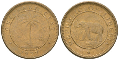 Либерия 1/2 цента 1937 KM 10 латунь aUNC 4594-466