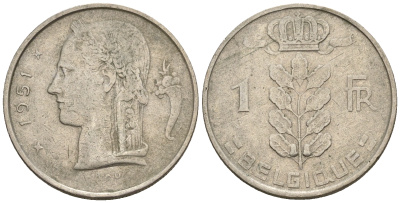 Бельгия 1 франк 1951 Belgique, Бодуэн I (1951-1993) KM 142.1 медно-никель 259-1036