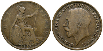 Великобритания 1 пенни 1919 Георг V (1910-1936) KM 810, Spink 4051 бронза 37-423