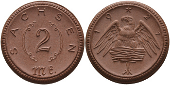 Саксония 2 марки 1921 J. N 56 фарфор 1094-2-33