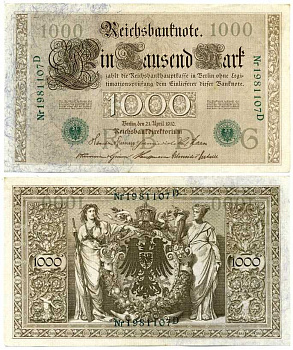 ГЕРМАНИЯ 1000 МАРОК 1910 21 АПРЕЛЯ 1910, ЗЕЛЁНАЯ ПЕЧАТЬ, СЕМИЗНАЧНЫЙ НОМЕР Pick 45b бумага 7198-30-1-1