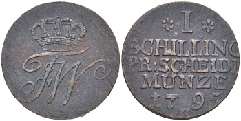 Польша, Восточная Пруссия 1 шиллинг 1795 Е, ФРИДРИХ ВИЛЬГЕЛЬМ II (1786-1797), ПРУССКИЙ ВЫПУСК, ВЕС 2,432 ГР., МОНДВОР КЁНИГСБЕРГ KM 50, Olding 23 Jaeger 18a медь 1517-1135