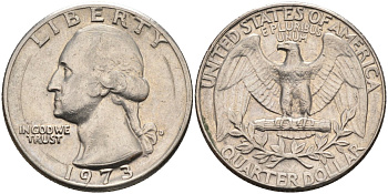 США 25 центов (квотер) 1973 Вашингтон KM 164a медь плакированная медно-никелем 4584-1031