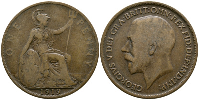 Великобритания 1 пенни 1919 Георг V (1910-1936) KM 810, Spink 4051 бронза 37-423