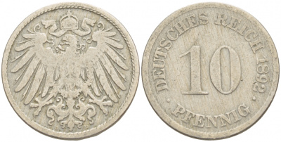 ГЕРМАНИЯ 10 ПФЕННИГОВ 1892 D KM 12, J 13 медно-никель 4539-1011