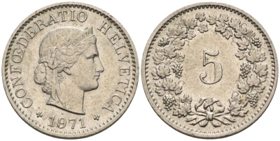 Швейцария 5 раппенов 1971 KM 26 медно-никель 4585-252