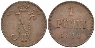 РОССИЯ ДЛЯ ФИНЛЯНДИИ 1 ПЕННИ 1916 НИКОЛАЙ II (1895-1917) KM 13, Биткин 476 медь 211-1066