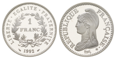 Франция 1 франк 1992 200 лет Французской республике, в оригинальной коробке, сертификат KM 1005 серебро  PROOF  1-6-4-19