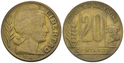 Аргентина 20 сентаво 1949 голова свободы вправо KM 42, CJ 203, Schon 45 алюминиевая бронза    60-925