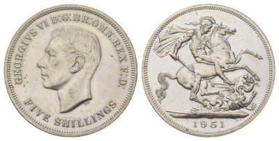 Великобритания 1 крона (5 шиллингов) 1951 Георг VI (1936-1952), фестиваль Британии, Георгий Победоносец KM 880, Spink 4111 медно-никель UNC 00-1067-6-44