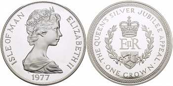 Остров Мэн 1 крона 1977 Серебряный юбилей правления королевы Елизаветы II KM 42а серебро PROOF 1082-2-23