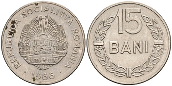 Румыния 15 бани 1966 KM 93 сталь плакированная никелем 4567-358