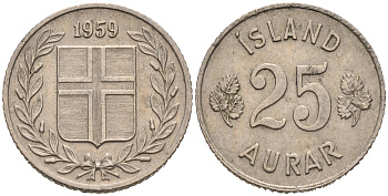 Исландия 25 эйре 1959 KM 11 медно-никель 4564-1242