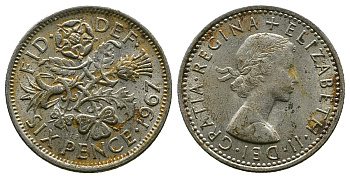 Великобритания 6 пенсов 1967 Елизавета II (1952-2022) KM 903, Spink 4149 медно-никель 4381-865