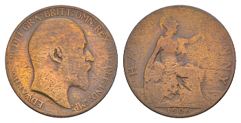 Великобритания 1/2 пенни 1906 Эдуард VII (1901-1910) KM 793.2, Spink 3991 бронза 4638-447