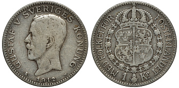 Швеция 1 крона 1912 W, Густав V (1907-1950) KM 786.1 серебро 4178-527