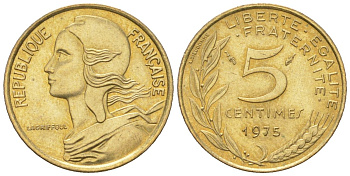 Франция 5 сантимов 1975 KM 933 алюминиевая бронза aUNC 261-515