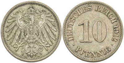 ГЕРМАНИЯ 10 ПФЕННИГОВ 1912 A KM 12, J. 13, Weege 8 медно-никель 212-157