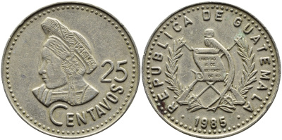 Гватемала 25 сентаво 1985 большая голова, Республика Гватемала KM 278.5 медно-никель 4389-413