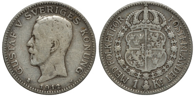 Швеция 1 крона 1912 W, Густав V (1907-1950) KM 786.1 серебро 4178-527
