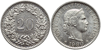 Швейцария 20 раппенов 1980 KM 29а медно-никель 4397-441
