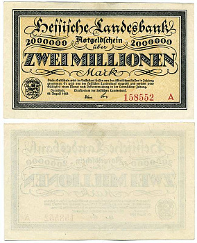 ДАРМШТАДТ, ГЕРМАНИЯ 2000000 МАРОК (ДВА МИЛЛИОНА МАРОК) 1923 22 АВГУСТА 1923, НОТГЕЛЬД, ЗЕМЛЯ ГЕССЕН, СЕРИЯ А, HESSESCHE LANDESBANK Keller 956а бумага аUNC 8613-27-2-1