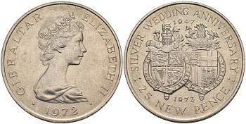 Гибралтар 25 пенсов 1972 серебряная свадьба Елизаветы II и Филиппа (1947-1972) KM 6 медно-никель 4558-521