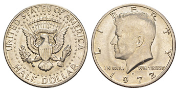 США 1/2 доллара (50 центов) 1972 D, Джон Кеннеди KM 202b медь плакированная медно-никелем aUNC 3855-935