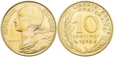 Франция 10 сантимов 1989 тип Marianne KM 929, le Franc 144.29 алюминиевая бронза 112-1029