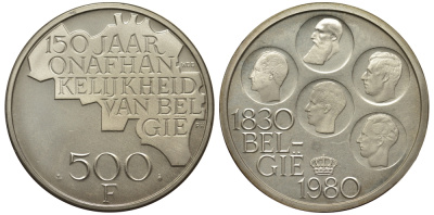 Бельгия 500 франков 1980 150 лет независимости, Belgie, Бодуэн I (1951-1993) KM 162 медно-никель покрытый серебром UNC 443-1114