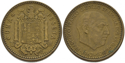 Испания 1 песета 1963 (64) Франсиско Франко (1939-1975) KM 775 алюминиевая бронза 3457-715