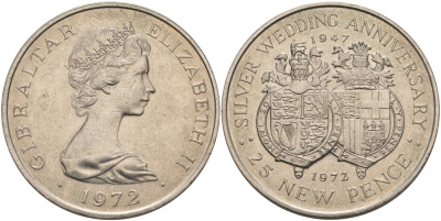 Гибралтар 25 пенсов 1972 серебряная свадьба Елизаветы II и Филиппа (1947-1972) KM 6 медно-никель 4558-521