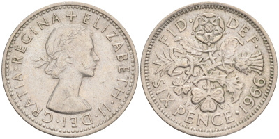 Великобритания 6 пенсов 1966 Елизавета II (1952-2022) KM 903, Spink 4149 медно-никель 192-242