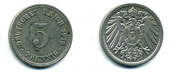 ГЕРМАНИЯ 5 ПФЕННИГОВ 1913 A, KM 11, J. 12 медно-никель 62-2436