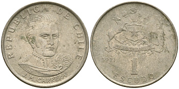 Чили 1 эскудо 1971 Хосе Мигель Каррера KM 197 медно-никель 4174-433