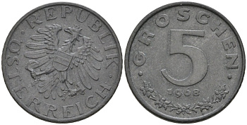 Австрия 5 грошей 1968 KM 2875 цинк 4567-324