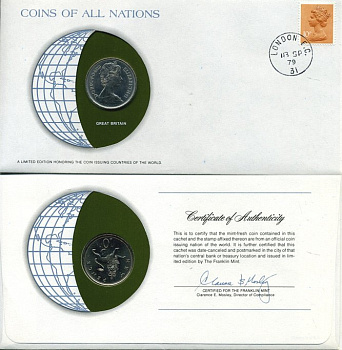 Великобритания 10 пенсов 1979 Елизавета II (1952-2022) монета в конверте с маркой и спецгашением, Coins of Nations KM 912, Spink 4231 (F1) медно-никель UNC 4294-17-2