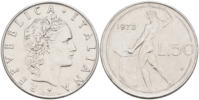 Италия 50 лир 1972 R, бог огня Вулкан у наковальни KM 95.1 нержавеющая сталь 4595-236