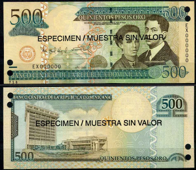 Доминиканская Республика 500 песо 2006 образец, SPECIMEN Pick 179s бумага UNC (пресс) 2197-40-3-1