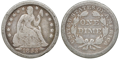 США 10 центов (дайм) 1853 KM 77 серебро 4174-741